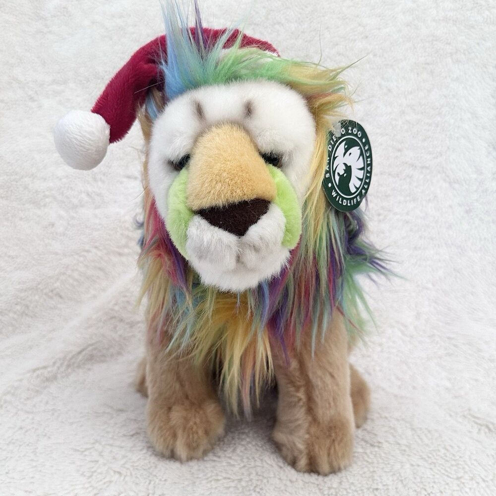 New San Diego Zoo Rainbow Rex Lion Plush Christmas Santa Hat Toy Stuffed Animal